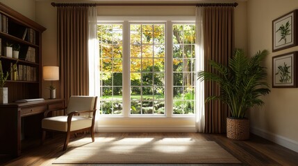 Fototapeta premium A room with a large window and a chair in front of it. The chair is empty and the window is open, letting in sunlight. The room is decorated with a potted plant and a vase