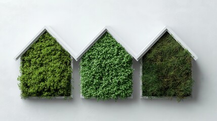 Image of three green roof hedges shaped like house roofs, symbolizing eco-friendly architecture and sustainability, portraying how nature and modern living can coexist peacefully.