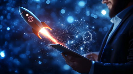 Naklejka premium Innovative Technology Digital Rocket Launching Business Growth Ideas