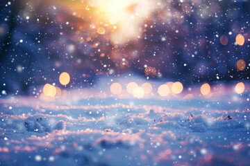 Fototapeta premium Snow falling over ground with golden lights in snowy forest at sunset