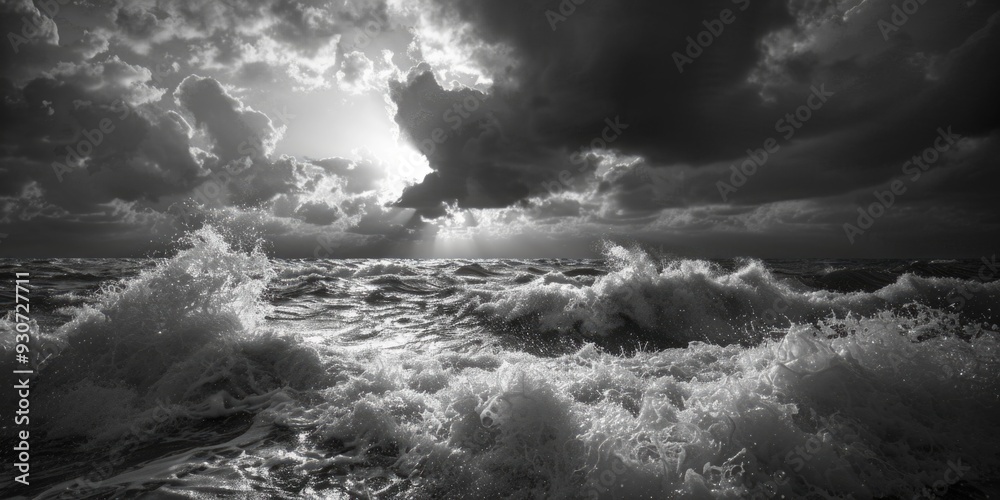 Poster A grayscale image of the ocean, suitable for use in editorial or artistic contexts