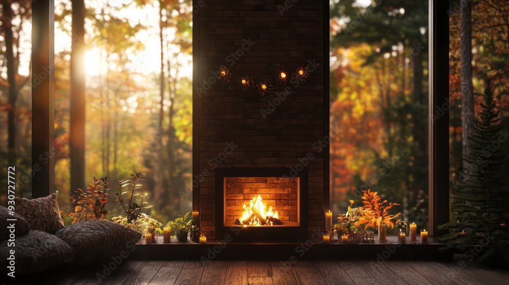Poster a fireplace with a mantle and a view of the woods. the fire is lit and there are candles on the mant