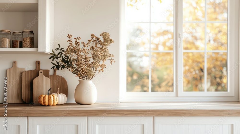 Poster a vase of flowers sits on a wooden countertop next to a pumpkin. the window behind the counter lets 
