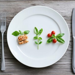 Minimalist Food Presentation with Fresh Herbs and Cherry Tomatoes on a White Plate with Wooden Background