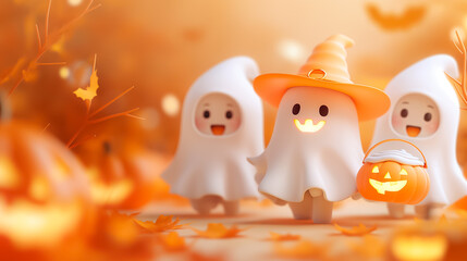 Three cheerful animated ghosts wear hats and carry a pumpkin basket while enjoying a Halloween celebration with autumn leaves surrounding them