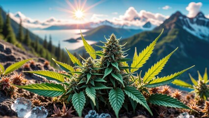 A vibrant cannabis plant set against a stunning mountain backdrop, showcasing the beauty of nature and the growing cannabis industry.