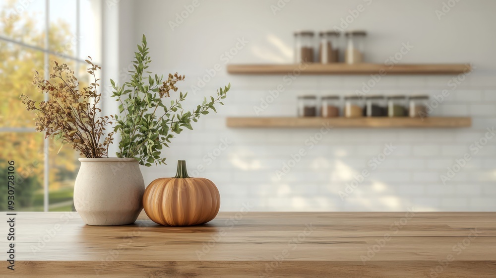Poster A table with two vases and a pumpkin on it. The table is in a kitchen with a window