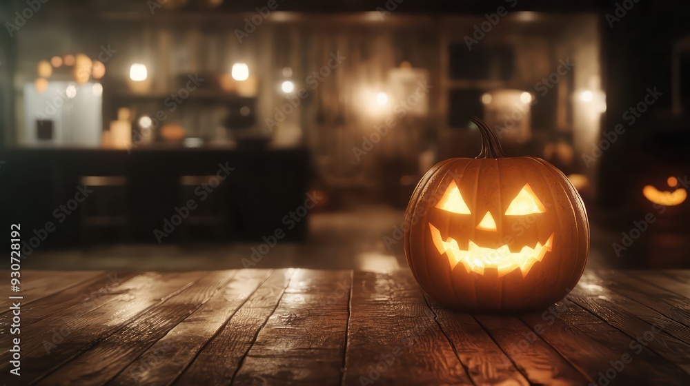 Poster a pumpkin with a smiley face on it sits on a wooden table. the scene is set in a dimly lit room, giv