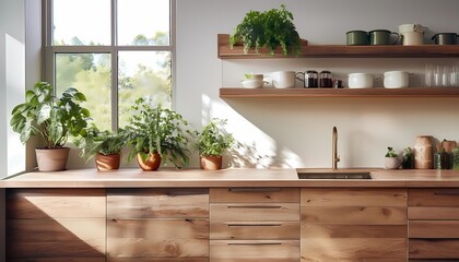Reclaimed Wood and Greenery - minimalist kitchen with a focus on eco-conscious materials. Graphic art illustration wallpaper