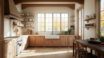 Fototapeta premium A kitchen with a sink, oven, and a window. The kitchen is very clean and well-organized