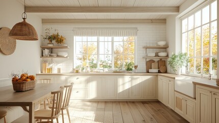 A kitchen with a table and chairs, a sink, and a window. The kitchen is clean and well-lit, with a basket of oranges on the table. Scene is warm and inviting, with the natural light