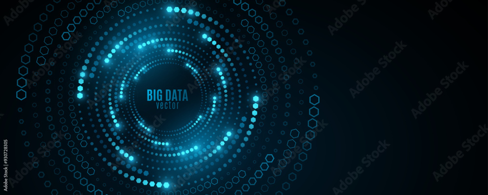 Poster abstract digital swirling circles of glowing hexagons. big data visualization into cyberspace. patte