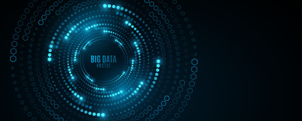 Abstract digital swirling circles of glowing hexagons. Big Data visualization into cyberspace. Pattern of spiral honeycombs with light effect. Futuristic background. Vector illustration.