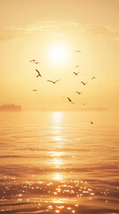 Golden sunrise over a tranquil seascape with reflective waves, silhouetted sailboats, and seabirds soaring in the sky, capturing the serene beauty and peacefulness of the early morning ocean.