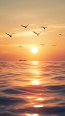 Fototapeta premium Golden sunrise over a tranquil seascape with reflective waves, silhouetted sailboats, and seabirds soaring in the sky, capturing the serene beauty and peacefulness of the early morning ocean.
