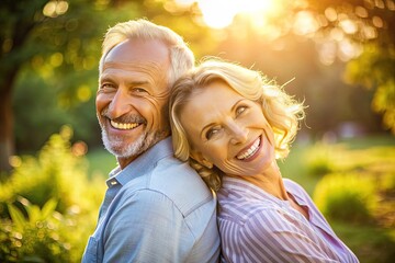 Fototapeta premium Laughing, carefree pair in their 50s, standing back-to-back, arms around each other, smiling at the camera, against a vibrant, sun-kissed outdoor background.