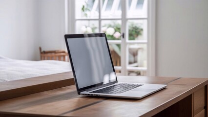 Laptop on the table, working environment. The screen on the laptop is a white pattern