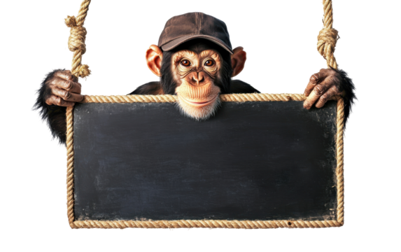 A joyful chimpanzee wearing a baseball cap turned backward, peeking over a school long blackboard hanging from a rope, isolated, cut out.
