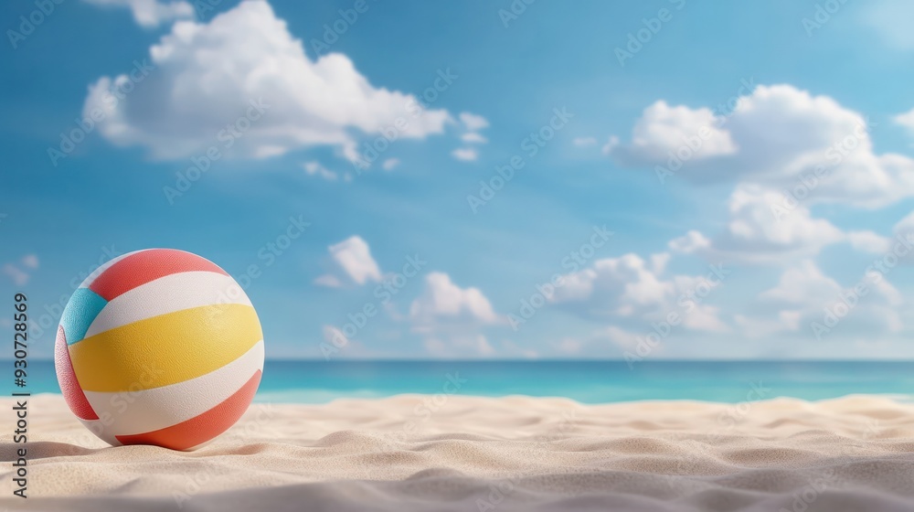 Poster A beach ball is sitting on the sand near the ocean. The sky is blue with some clouds, and the beach ball is the only object in the scene