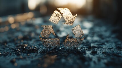 An image showing a recycling symbol prominently displayed on a wet surface with sunlight filtering through, symbolizing sustainability and environmental awareness.