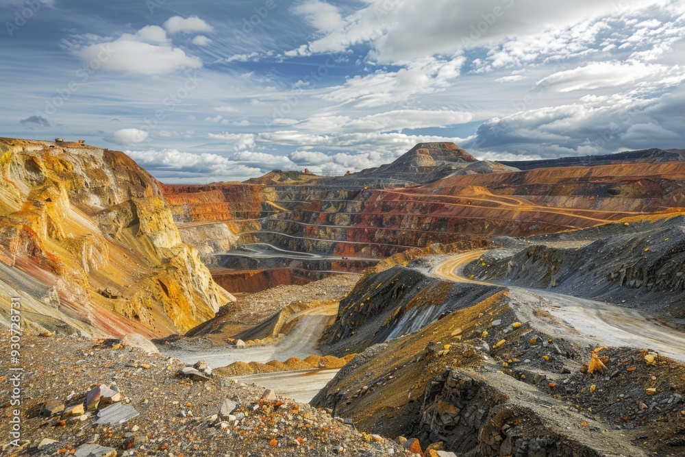 Poster a large open pit mine in a mountainous environment, suitable for use in illustrations about mining, 