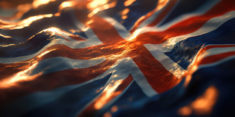 Proudly waving UK flag symbolizes british patriotism and identity, evoking pride and freedom with its dynamic fabric texture.Silk texture of the UK flag