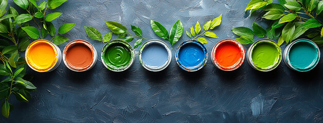 wide panoramic flat lay background cover photo of colorful paint pots and green eaves on a rustic textured backdrop with copy space   
