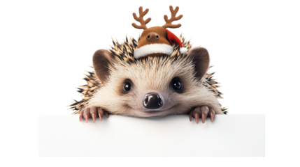 A joyful hedgehog wearing a small reindeer hat, peeking over a white web banner, isolated, cut out.