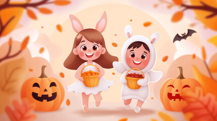 Two cheerful kids in costumes run through a pumpkin patch, clutching candy buckets amid vibrant autumn leaves