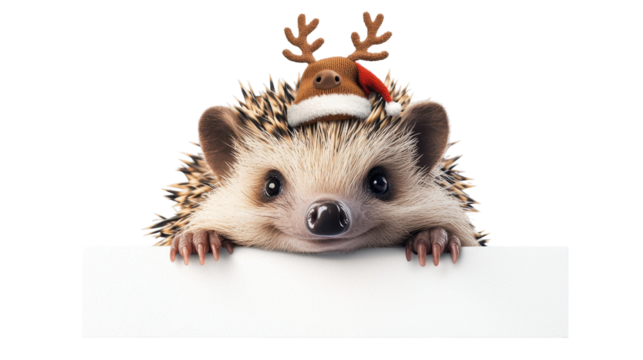 A joyful hedgehog wearing a small reindeer hat, peeking over a white web banner, isolated, cut out.