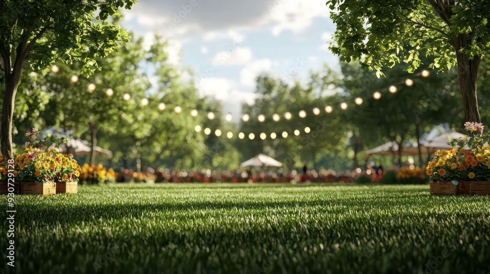 Poster A park with a large green field and trees. The trees are lit up with lights and there are several umbrellas set up