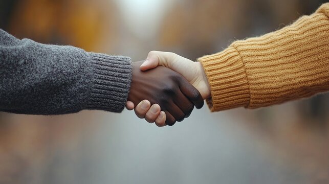 Two diverse individuals complete a handshake, representing partnership and inclusion