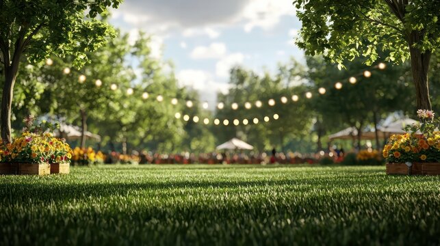 A park with a large green field and trees. The trees are lit up with lights and there are several umbrellas set up