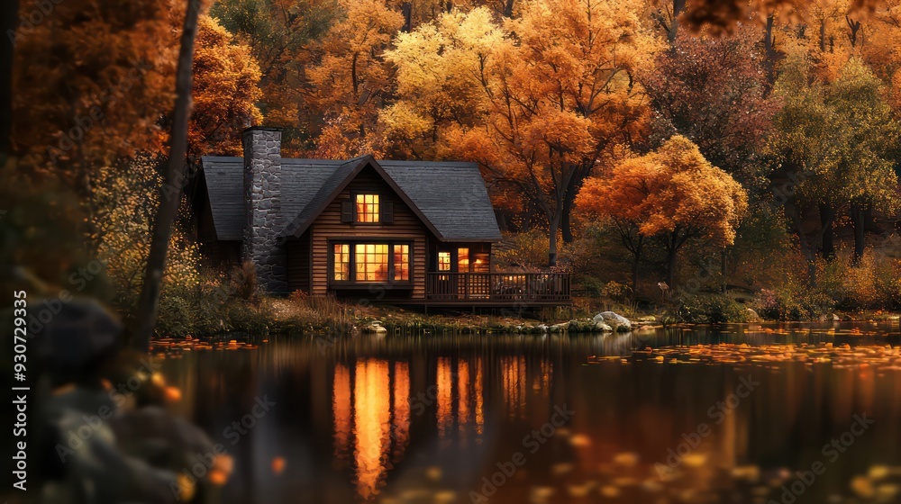 Poster a house with a porch and a deck sits on a lake surrounded by trees. the house is a log cabin with a 