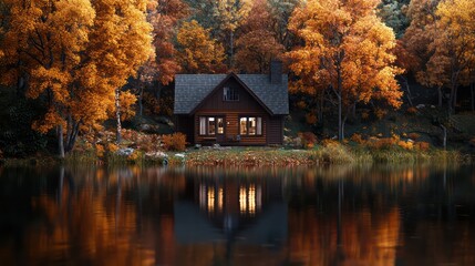 Fototapeta premium A small cabin is surrounded by trees and a lake. The cabin is a cozy retreat for those who love the outdoors