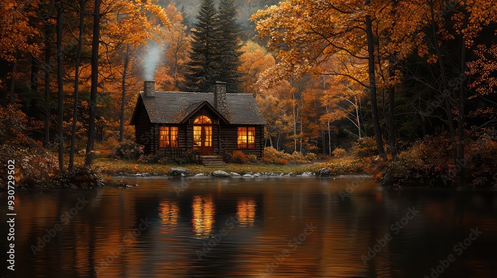 Aufkleber A small cabin is surrounded by trees and a lake. The cabin is lit up by a fire, creating a cozy and warm atmosphere. Concept of peace and tranquility, as if one is in the middle of a forest