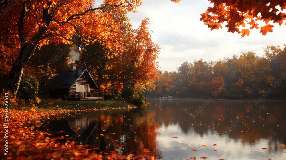 Poster a cabin is surrounded by trees and a lake. the cabin is small and cozy, with a chimney and a porch. 