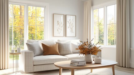 A living room with a white couch and a coffee table. The couch is covered with pillows and a vase of flowers sits on the coffee table. The room has a bright and welcoming atmosphere