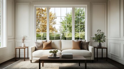 Fototapeta premium A living room with a white couch, a coffee table, and a few potted plants. The room has a clean and minimalist look, with a lot of natural light coming in through the windows