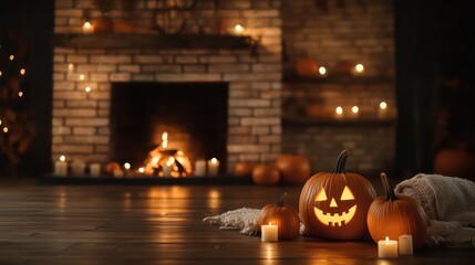 Fototapeta premium A fireplace with a pumpkin and candles on the floor. Scene is warm and cozy