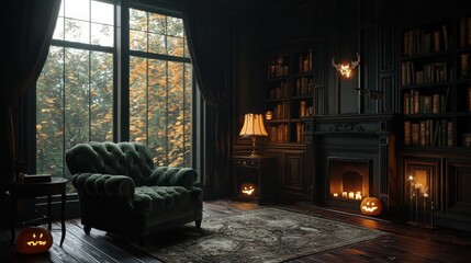 Fototapeta premium A dark room with a fireplace and a green chair. The room is decorated with pumpkins and has a cozy, warm atmosphere