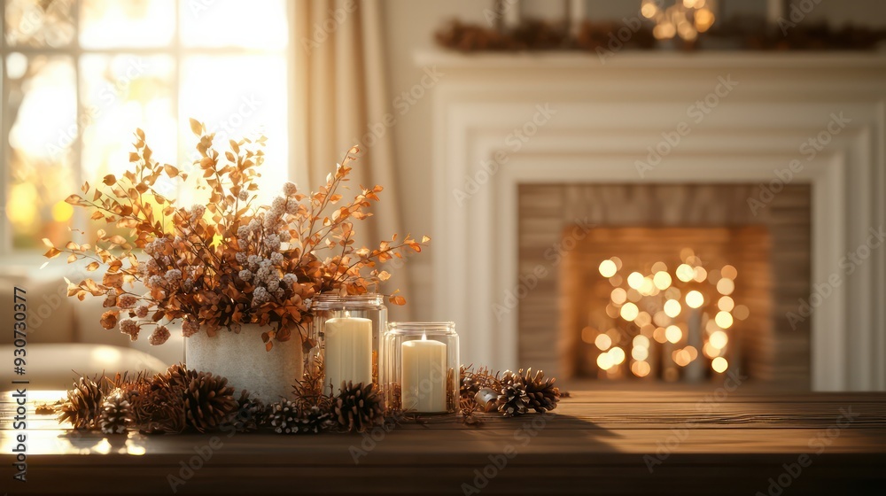 Poster a table with a vase of flowers and candles in front of a fireplace. scene is warm and cozy, perfect 