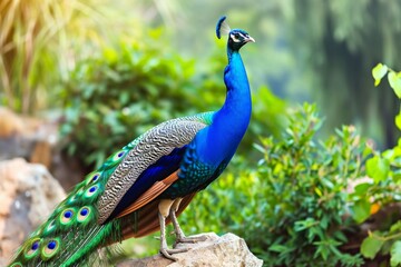 Naklejka premium An image portraying a peacock displaying its vibrant feathers in a display of beauty and elegance, symbolizing its pride and magnificenc