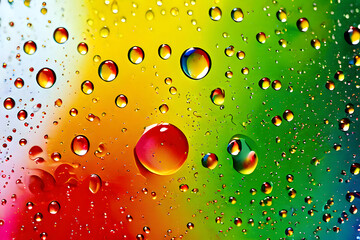 Colorful Water Droplets on Glass with Rainbow Background, Vibrant Abstract Photography