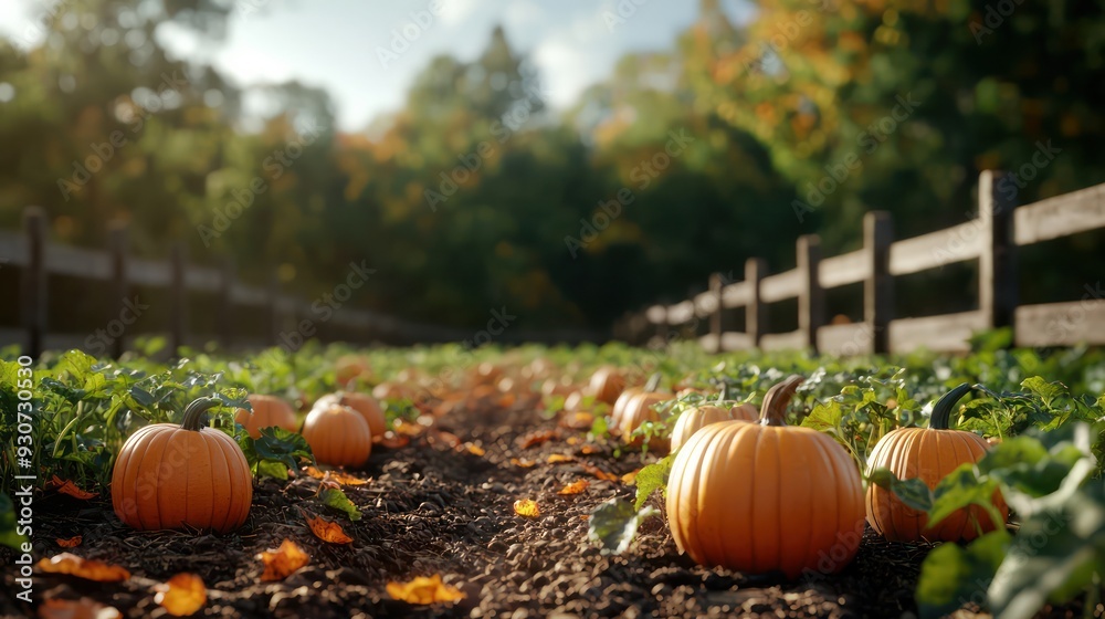 Poster a field of pumpkins with a wooden fence in the background. the pumpkins are scattered throughout the