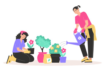 People take care of the garden, watering garden flowers in a pot