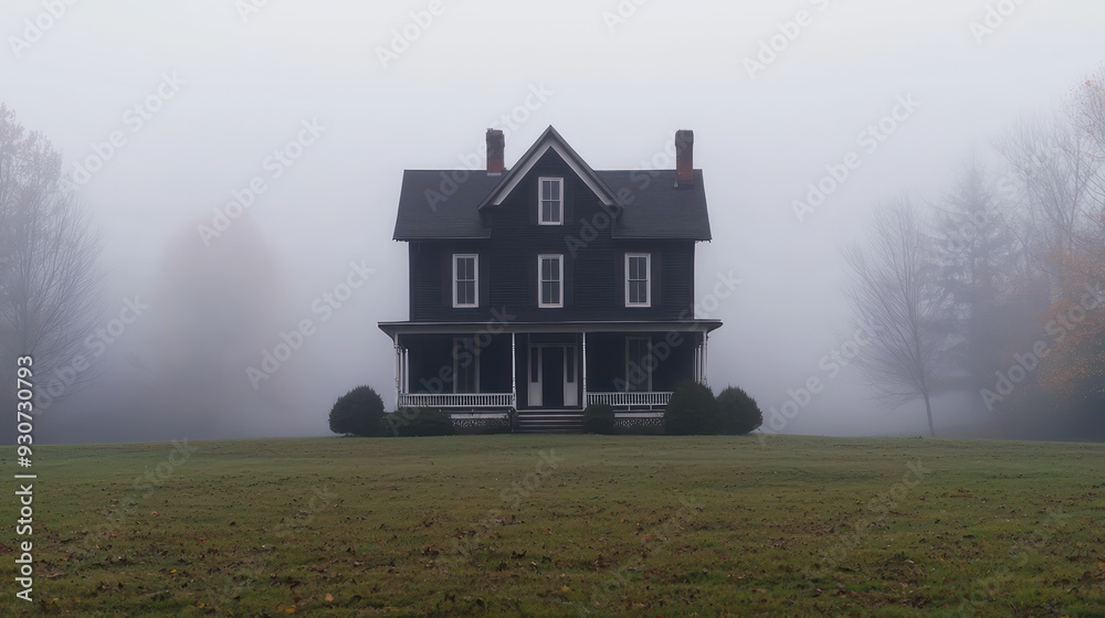 Poster a large, old house sits in a foggy field. the house is surrounded by trees and has a porch. the fog 