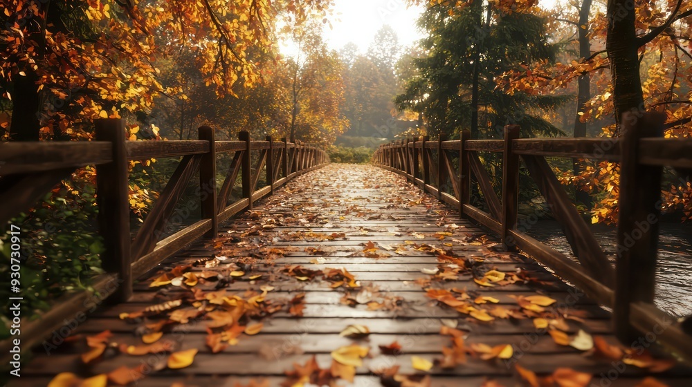 Aufkleber a bridge with a wooden railing and a path of leaves on it. the leaves are orange and yellow, and the