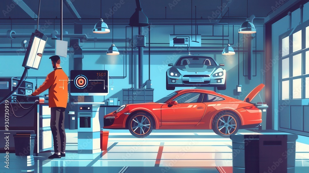 Aufkleber A mechanic conducts a computer diagnosis on a car's engine while working on repairs in a spacious, well-lit automotive workshop. Generative AI