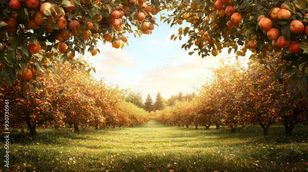 Poster a field of apple trees with a bright orange sky in the background. the apples are ripe and ready to 